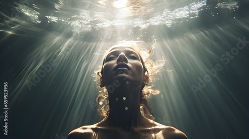 Girl underwater. Ray of light, face. Calmness, tranquility.