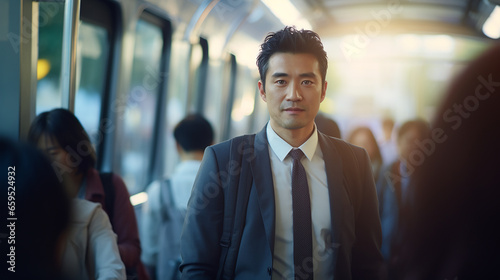 Businessman traveling on a commuter train. Generative AI