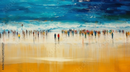 people on beach in the style of paint dripping techniq.Generative AI