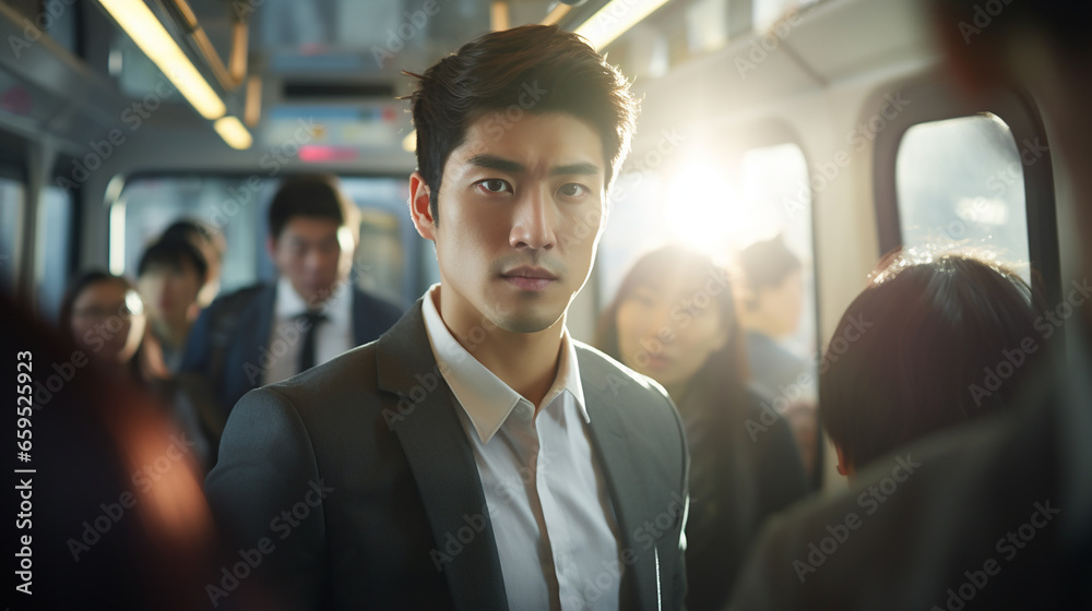 Businessman traveling on a commuter train. Generative AI Businessman traveling on a commuter train. Generative AI