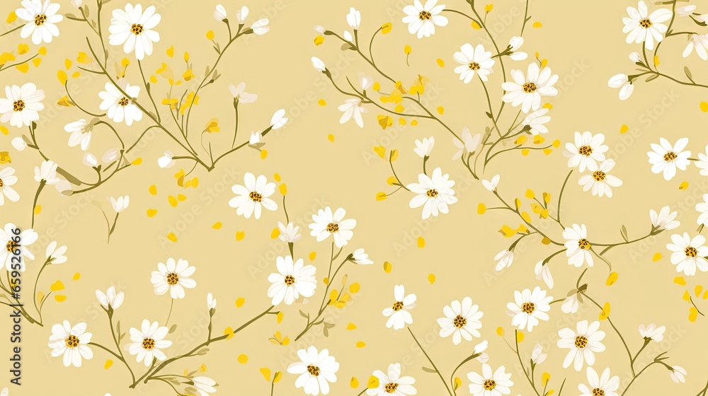  a yellow and white floral pattern with small white flowers on a light yellow background.  generative ai