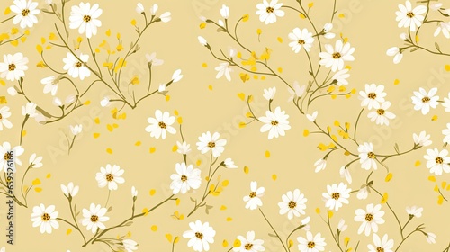  a yellow and white floral pattern with small white flowers on a light yellow background. generative ai