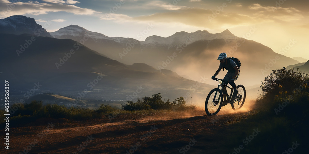 Mountain biker cyclist cycling on a mountain bike trail. Outdoor recreational lifestyle adventure sport activity in nature Mountain biker cyclist cycling on a mountain bike trail. Outdoor recreational lifestyle adventure sport activity in nature