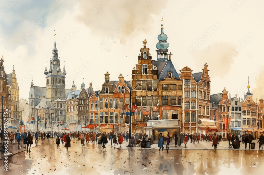 Watercolor drawing of Amsterdam, Dam Square