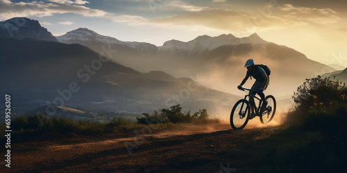 Mountain biker cyclist cycling on a mountain bike trail. Outdoor recreational lifestyle adventure sport activity in nature
