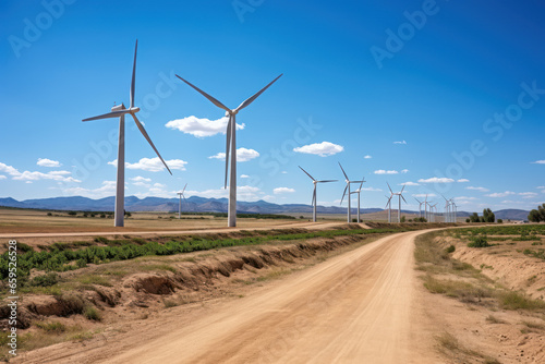 Wind turbines in the desert, alternative energy sources in the sands and mountains, green eco energy