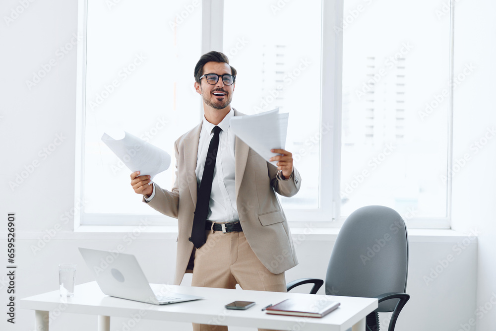 Concept laptop office paper planning happy using suit company document businessman holding professional Concept laptop office paper planning happy using suit company document businessman holding professional