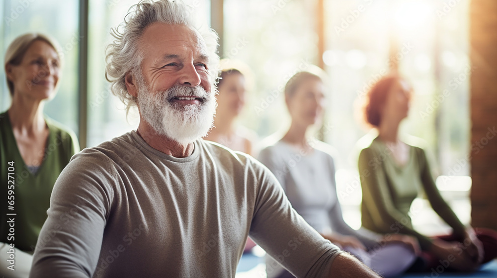 Senior man in yoga class. Generative AI Senior man in yoga class. Generative AI