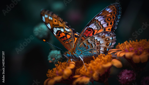 Vibrant butterfly wing in multi colored pattern on yellow flower generated by AI