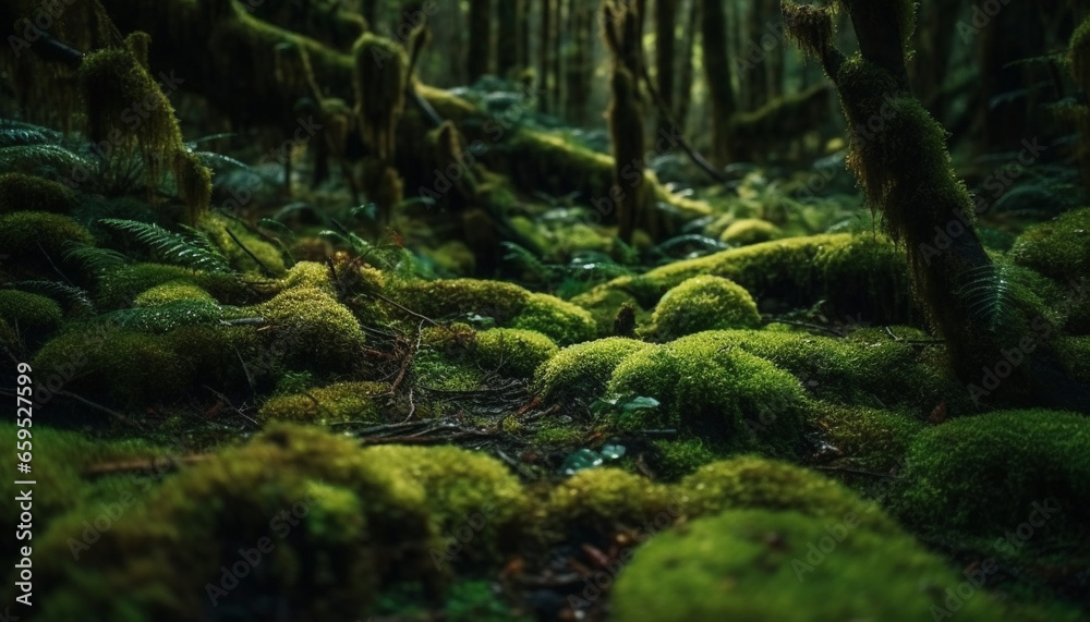 Fresh ferns grow on wet rainforest branch generated by AI - obrazy, fototapety, plakaty 
