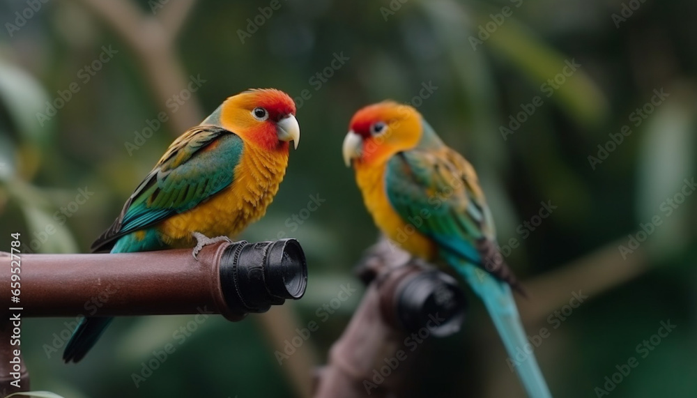 Vibrant macaw perched on branch, close up beauty generated by AI