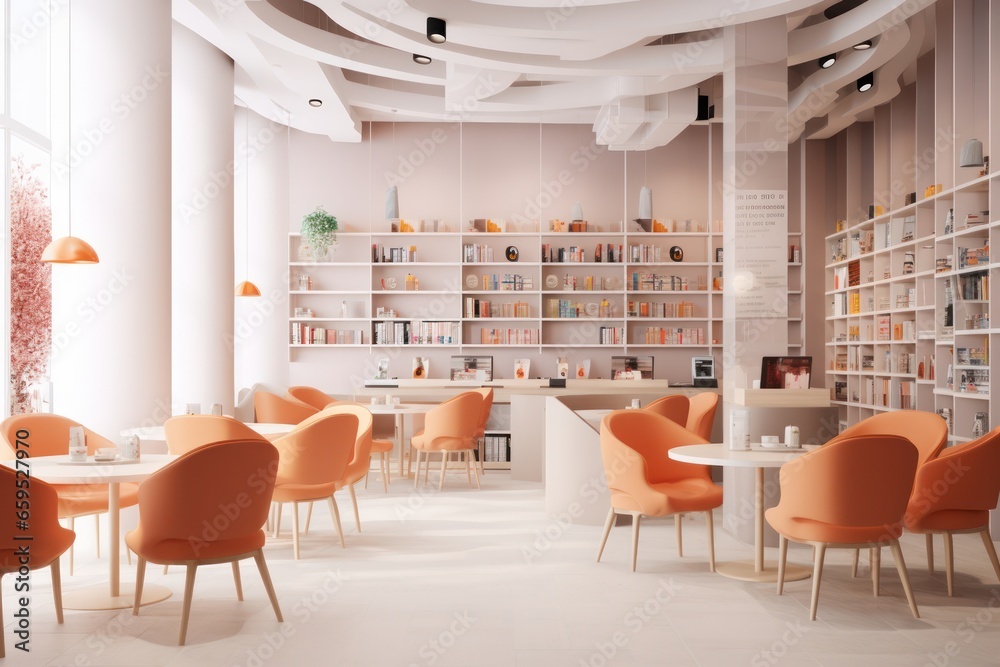 Interior of a bookstore cafe as a third place for gen z and millennials. Community in urban remote young workers Interior of a bookstore cafe as a third place for gen z and millennials. Community in urban remote young workers