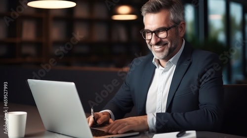Smiling mature businessman in eyeglasses working on laptop in office