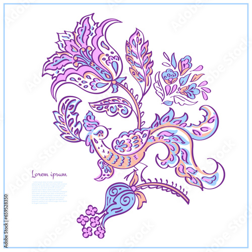 Flying Bird and Floral Paisley isolated. Card with paisley isolated for design. Floral vector pattern. Embroidery floral vector pattern.