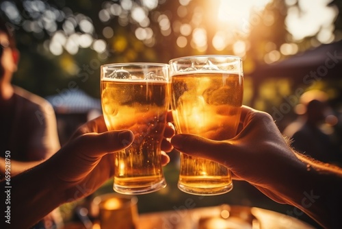 Fototapeta Naklejka Na Ścianę i Meble -  Friendship concept, Group of happy friends having beer party in summer day. Generative AI