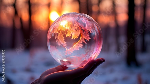 Image of frozen soap bubble, perfectly encapsulating the beauty of winter. The bubble in crisp, cold air, reflecting golden hour sun. Serene, peaceful, and beautifully lit, creating winter spectacle