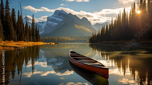 Tranquil Canoeing at Sunset: Alberta's Rocky Mountain Reflection © SpringsTea