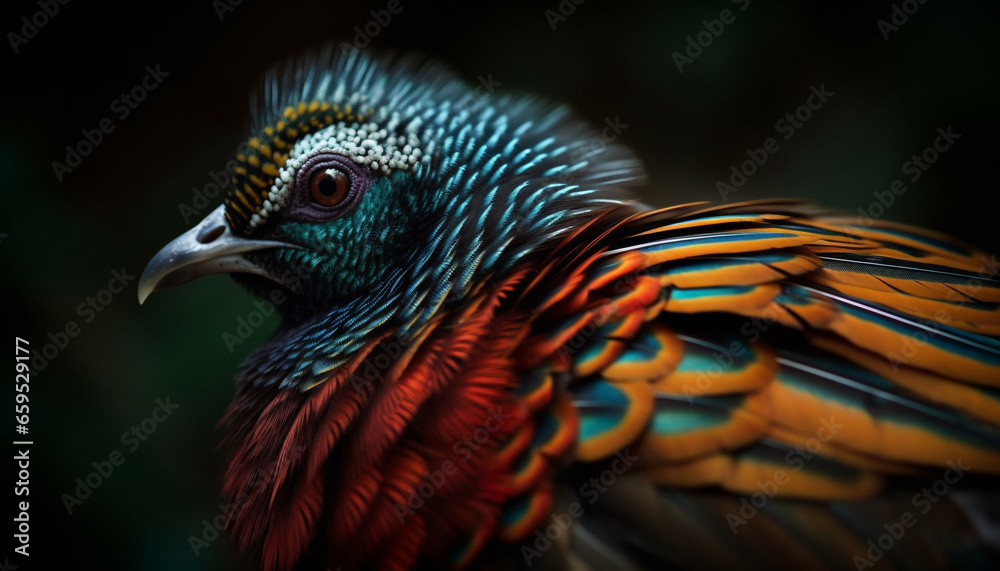 Obraz premium Majestic peacock vibrant feathers catch the eye generated by AI