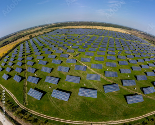 drone view of Solar Panel Farm Carlino, Udine, Italy