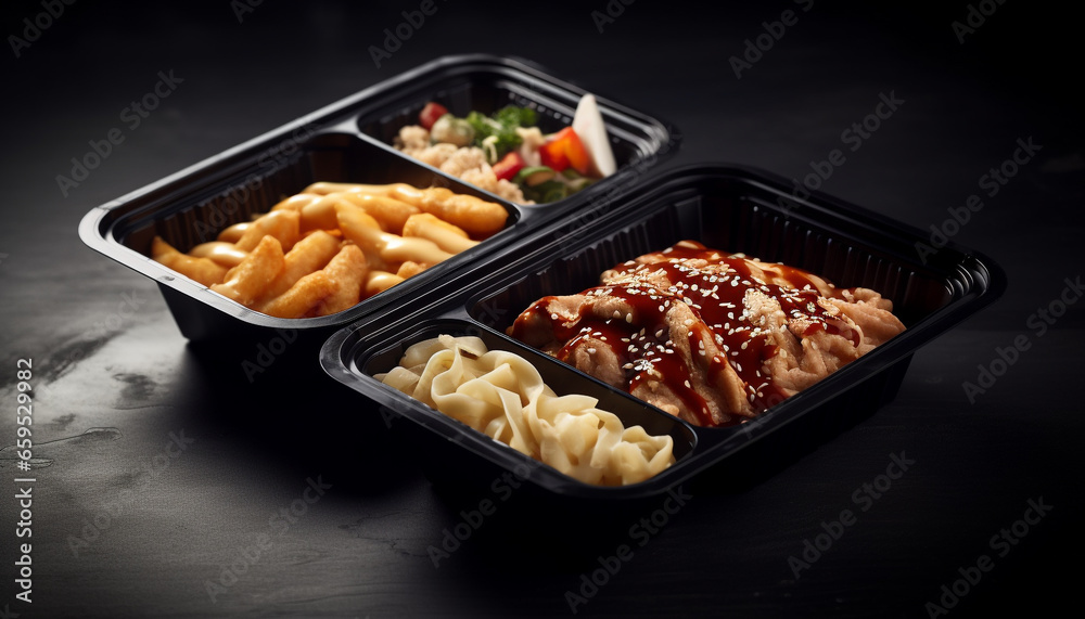Grilled meat and fries on a plate, unhealthy refreshment snack generated by AI Grilled meat and fries on a plate, unhealthy refreshment snack generated by AI