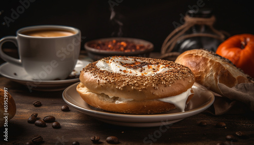Freshly baked bagel and coffee for brunch generated by AI