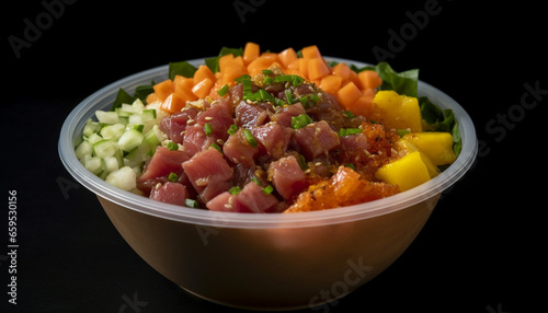 Freshness and health in a bowl  grilled meat, veggies, and salad generated by AI