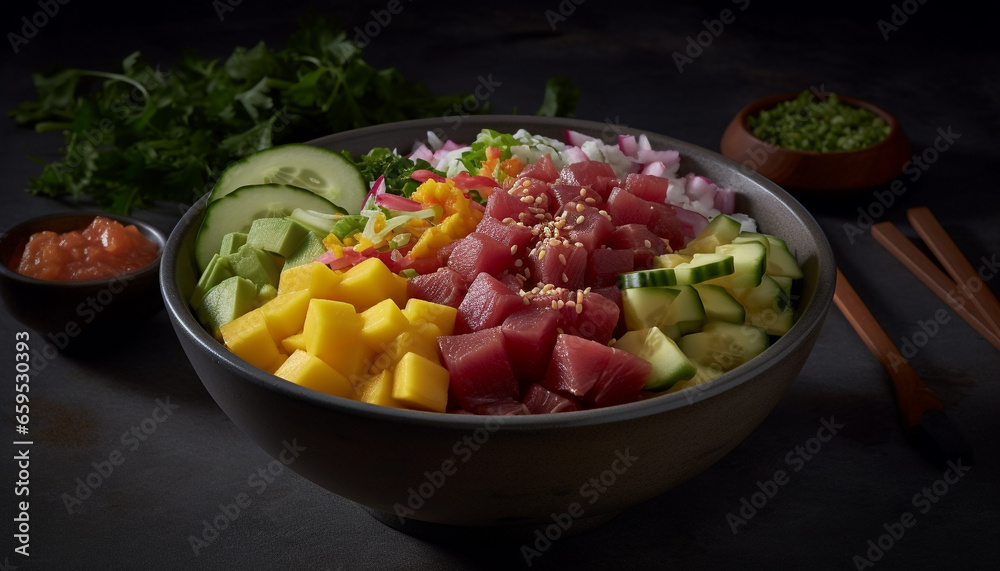 Fresh vegetarian salad bowl with tomato, avocado, and cilantro sauce generated by AI