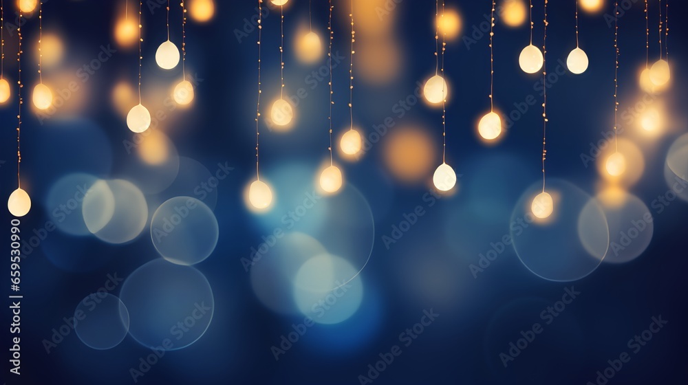 Dark blue background adorned with festive bokeh lights in a soft blur, creating a beautiful and elegant decoration. Celebration and enchantment, perfect for setting a festive, holiday, or magical mood Dark blue background adorned with festive bokeh lights in a soft blur, creating a beautiful and elegant decoration. Celebration and enchantment, perfect for setting a festive, holiday, or magical mood