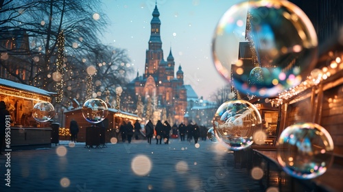 Soap bubbles floating in air with blurry Christmas market in backdrop. Magical  beautiful  and playful winter vibe  perfectly encapsulating the joyous spirit of the holiday season.