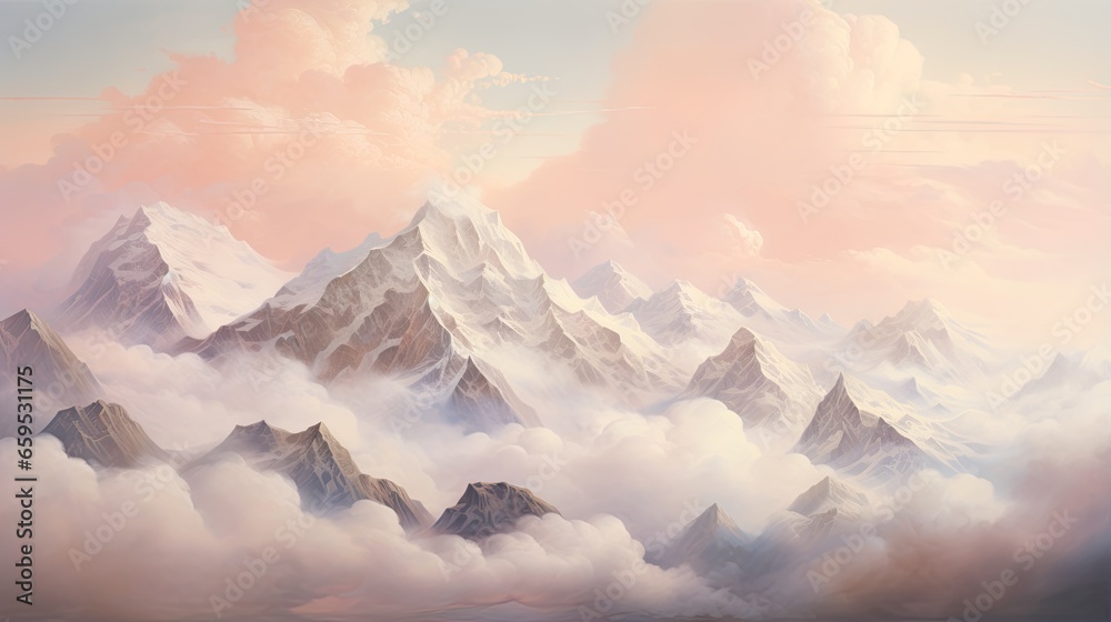  a painting of a mountain range with clouds in the foreground.  generative ai