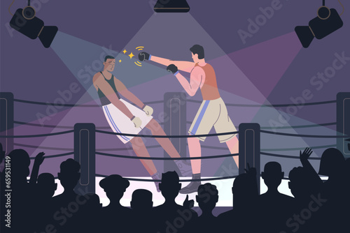 Boxing people. Boxers match. Fight ring. Professional athletes in sparring. Strong blow or loss of consciousness. Sport competition audience. Men kicking with fists. Vector concept