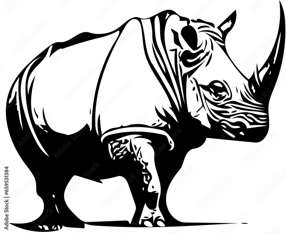 black and white rhino vector illustration | Silhouette of a rhinoceros svg Mascot