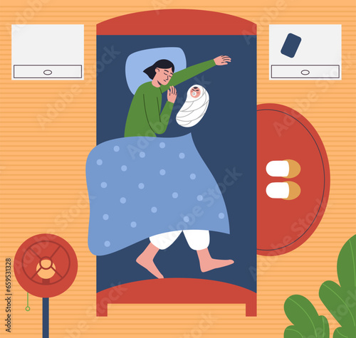 People sleep in room. Happy woman and baby lying in bed. Asleep mother or child top view. Comfortable atmosphere. Bedroom interior. Family in pajamas. Mom and baby dreaming. Vector concept