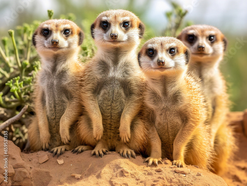 A group of vigilant meerkats standing in line while keeping watch in their natural habitat. © Szalai