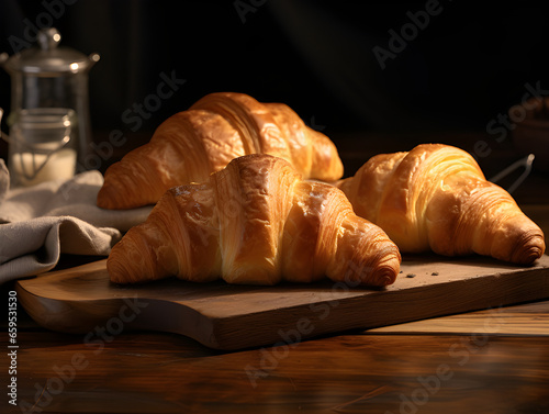 Tr  s croissant em uma tabua de madeira em cima de uma mesa