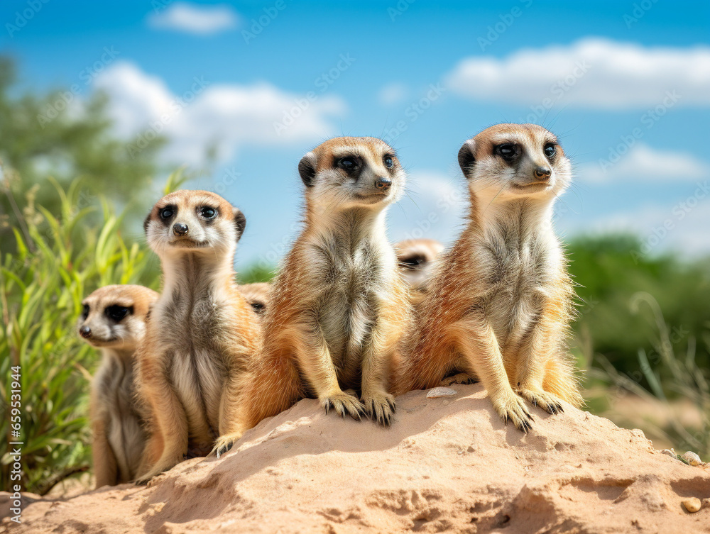 A vigilant group of meerkats standing guard in a military-like formation, keeping a watchful eye. A vigilant group of meerkats standing guard in a military-like formation, keeping a watchful eye.