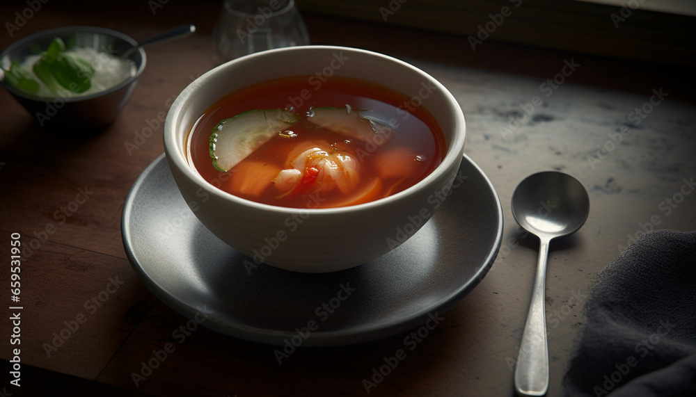 Freshly cooked gourmet meal on wooden table with healthy ingredients generated by AI Freshly cooked gourmet meal on wooden table with healthy ingredients generated by AI