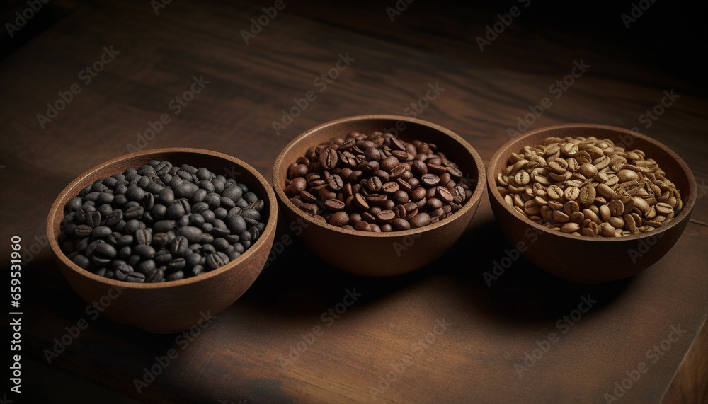 Organic coffee beans heap on dark wood table, fresh caffeine generated by AI Organic coffee beans heap on dark wood table, fresh caffeine generated by AI