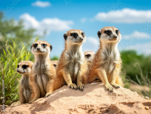 A vigilant group of meerkats standing guard in a military-like formation, keeping a watchful eye.