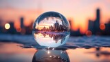 Image of frozen soap bubble, perfectly encapsulating the beauty of winter. The bubble in crisp, cold air, reflecting golden hour sun. Serene, peaceful, and beautifully lit, creating winter spectacle
