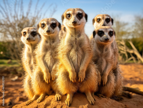 A vigilant group of meerkats standing guard in their natural habitat, resembling a military formation. © Szalai