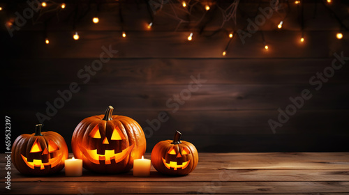 Group of jack-o-lantern pumpkins, candles on wooden with a place for text. Halloween background. Generative AI