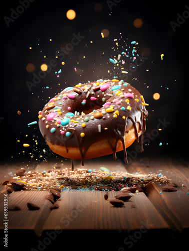 Um donut com cobertura de chocolate e confeitos coloridos em uma mesa de madeira photo