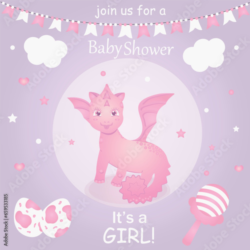 Set of baby shower invitations with cartoon character, rattle, unicorn and dinosaur. This is a girl. Vector illustration, EPS 10.