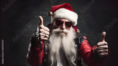 Cool Santa Claus with hard rock Christmas outfit making a heavymetal gesture with his hand. Santa gives a thumbs up, adding a playful and rebellious vibe. Seasonal red hat and white beard.