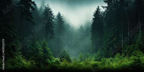 Misty mountain landscape with fir forest in vintage retro style. Generative AI © AngrySun
