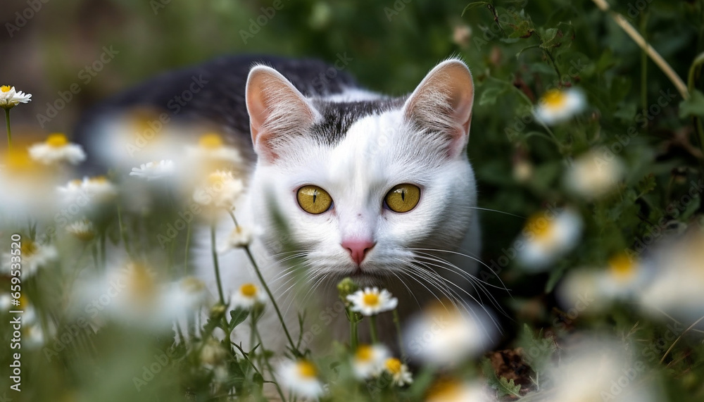 Cute kitten sitting in green meadow, staring at camera playfully generated by AI