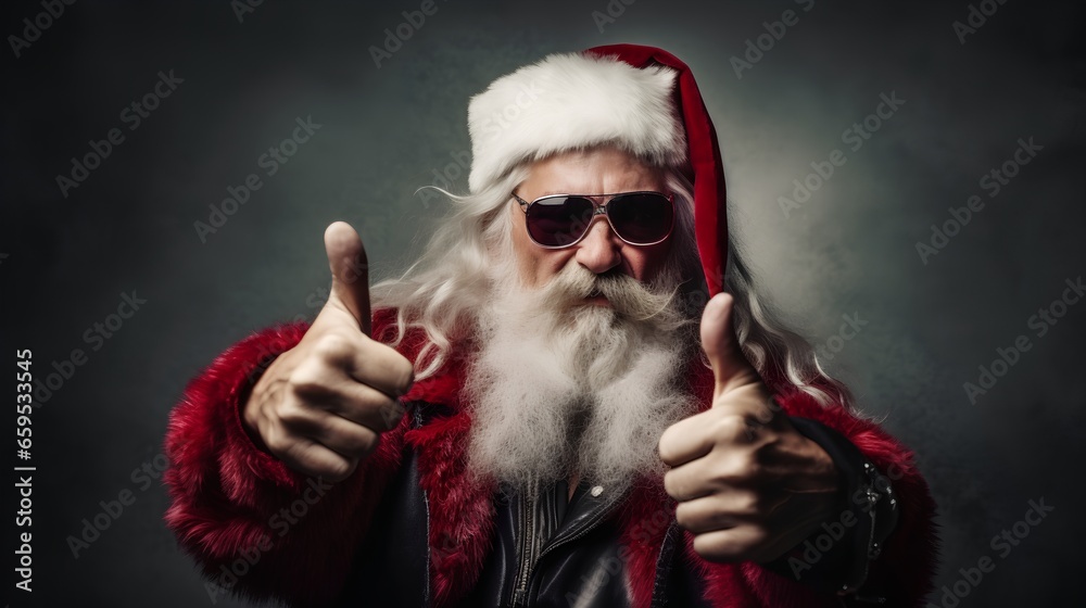 Cool Santa Claus with hard rock Christmas outfit making a heavymetal gesture with his hand. Santa gives a thumbs up, adding a playful and rebellious vibe. Seasonal red hat and white beard. Cool Santa Claus with hard rock Christmas outfit making a heavymetal gesture with his hand. Santa gives a thumbs up, adding a playful and rebellious vibe. Seasonal red hat and white beard.