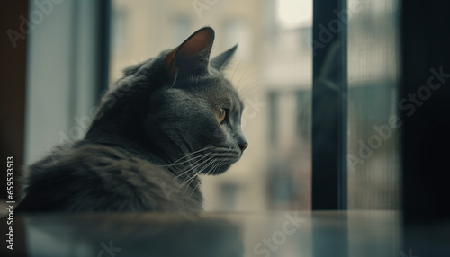 Fluffy kitten staring out window, cute feline relaxation indoors generated by AI