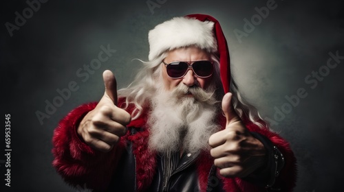 Cool Santa Claus with hard rock Christmas outfit making a heavymetal gesture with his hand. Santa gives a thumbs up, adding a playful and rebellious vibe. Seasonal red hat and white beard. photo